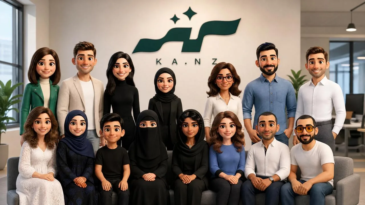 The Kanz team, illustrated, in front of the Kanz logo