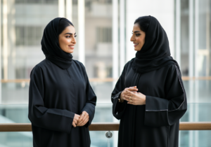 two saudi women talking or discussing and one is actively listening