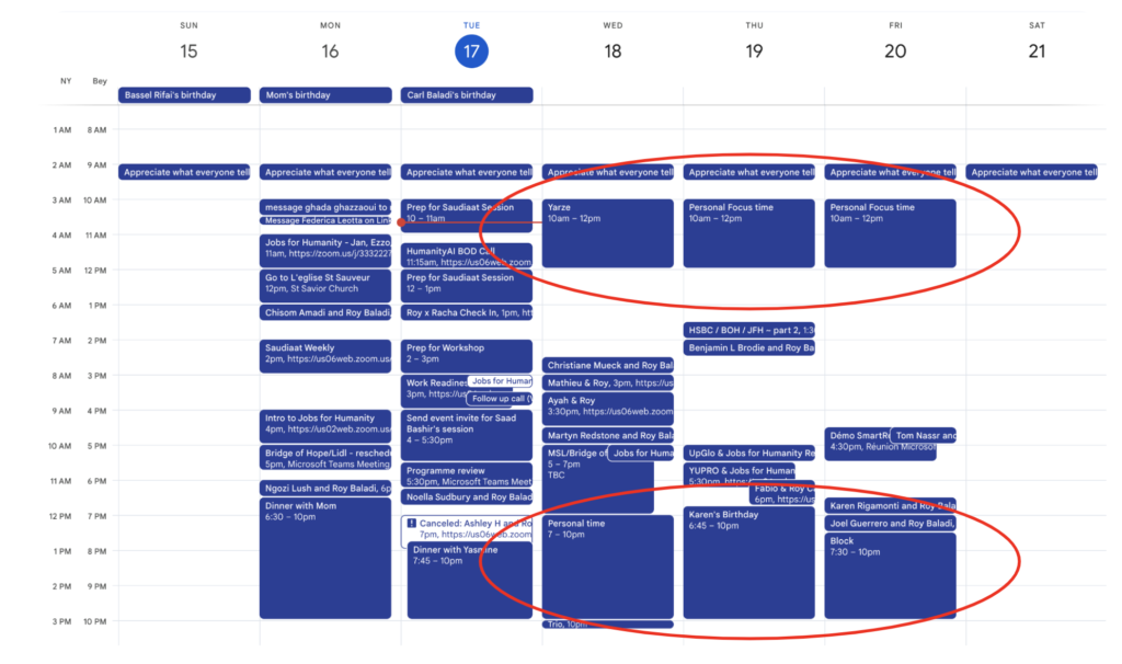 calendar with blocks of meeting priorities and tasks