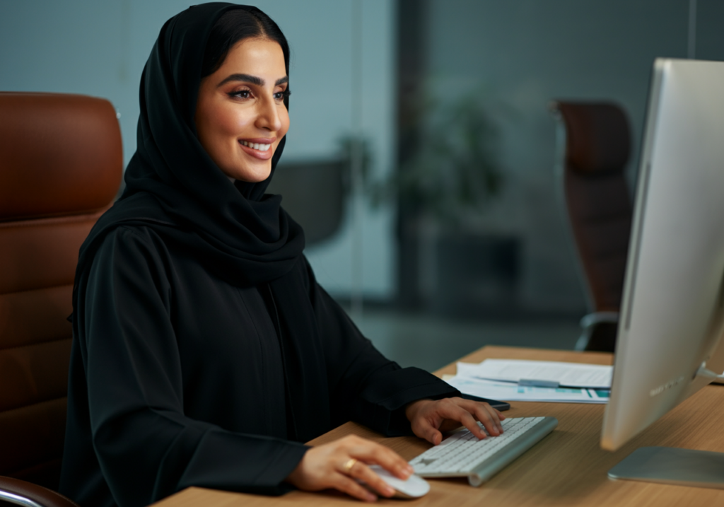 a saudi woman preparing for her presentation