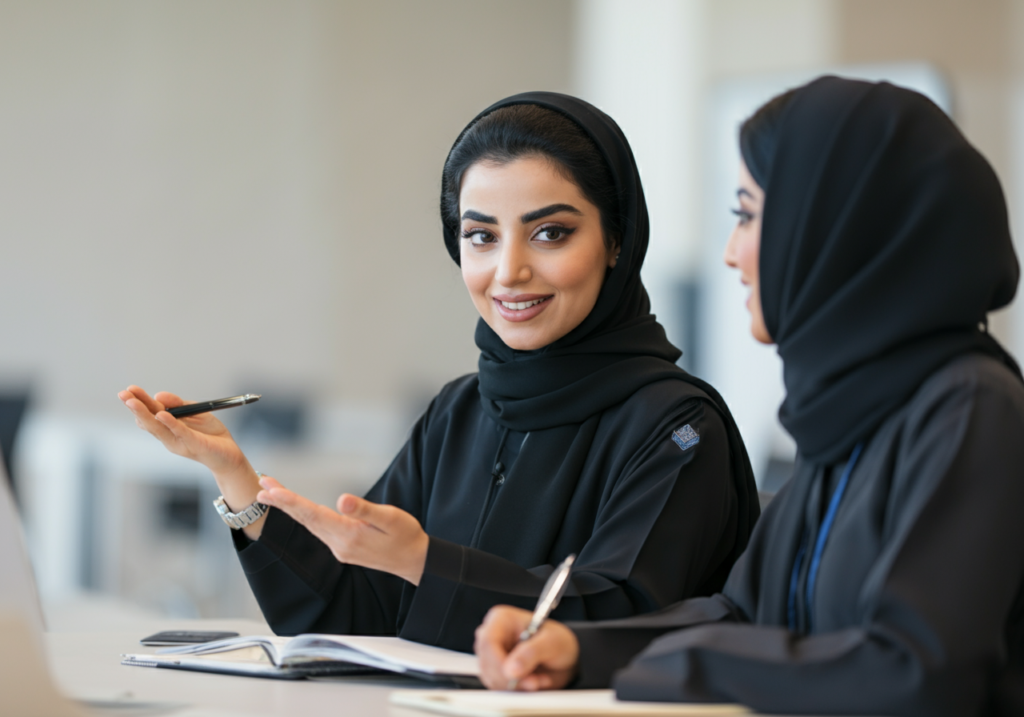 a smart professional saudi woman using her body language while talking confidently