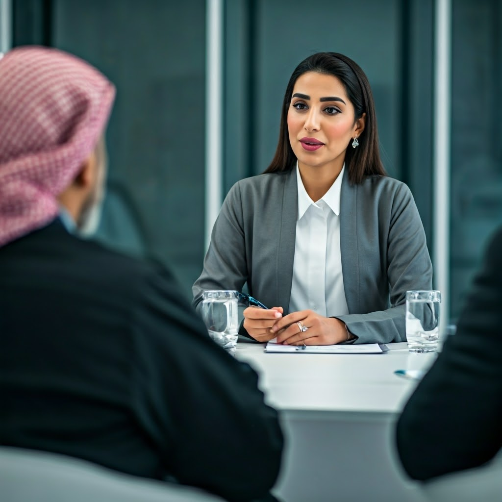 a saudi woman adressing her qualifications to a board of employers in an interview