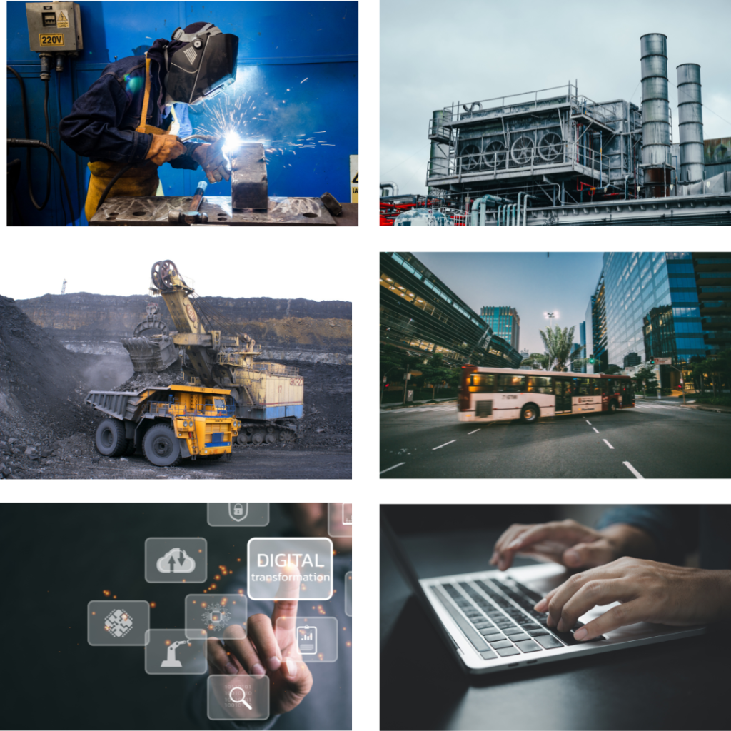 industries in Saudi Arabia showcasing welding, industrial plants, mining, transportation, digital transformation, and a person typing on a laptop.