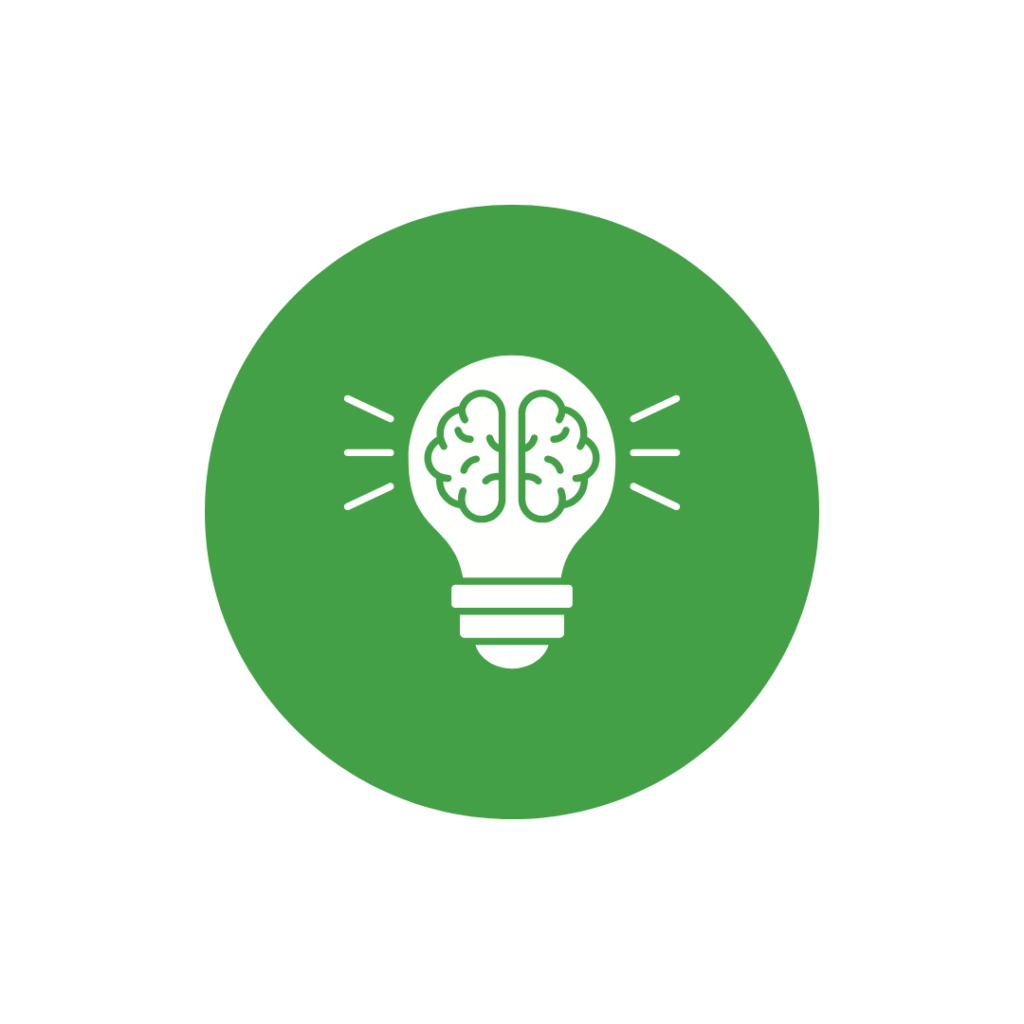 Green circular icon with a light bulb containing a brain design, symbolizing creativity and innovation