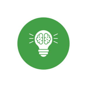 Green circular icon with a light bulb containing a brain design, symbolizing creativity and innovation