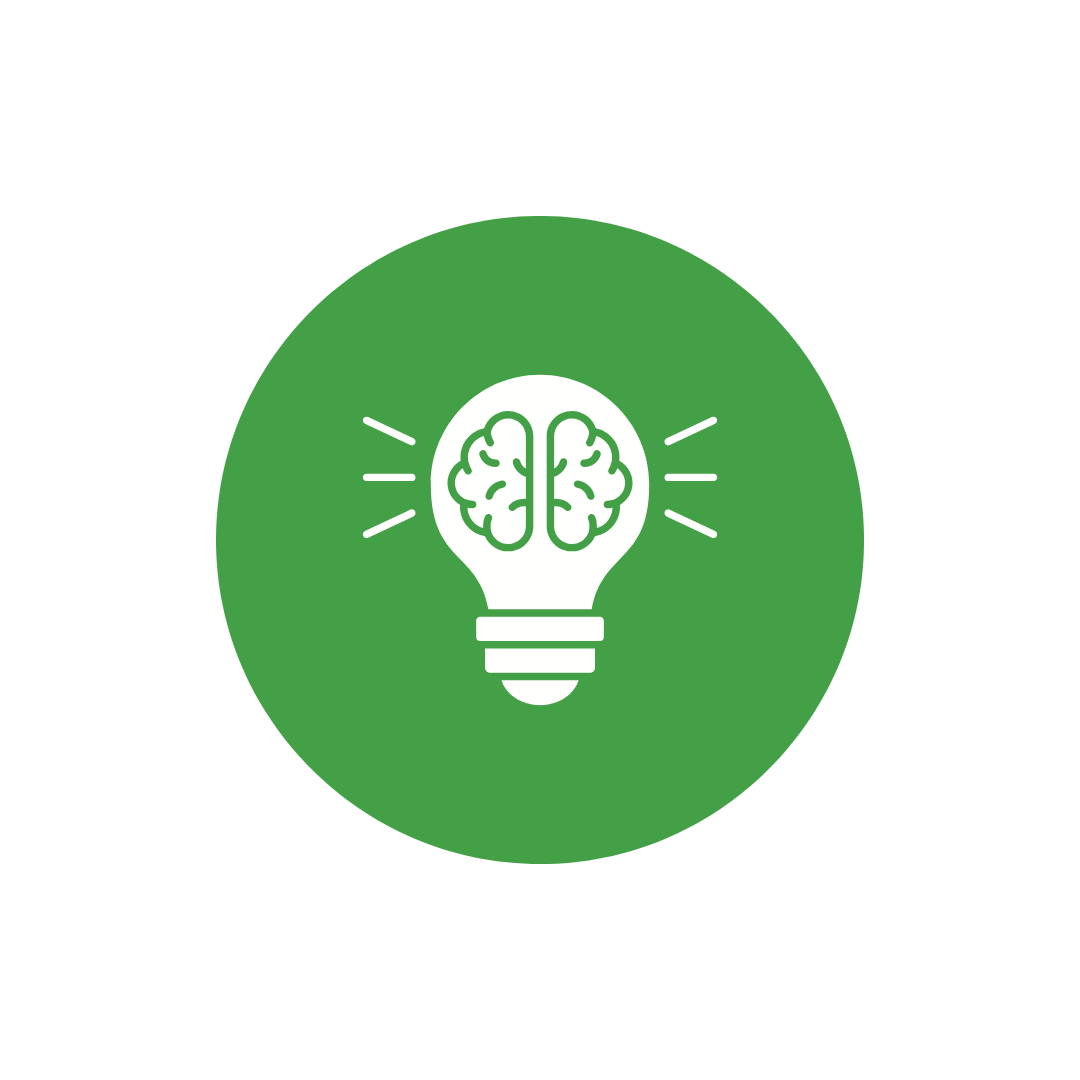 Green circular icon with a light bulb containing a brain design, symbolizing creativity and innovation