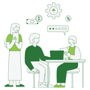 Illustration of three people collaborating around a desk with a laptop, surrounded by icons representing money, growth, and communication.
