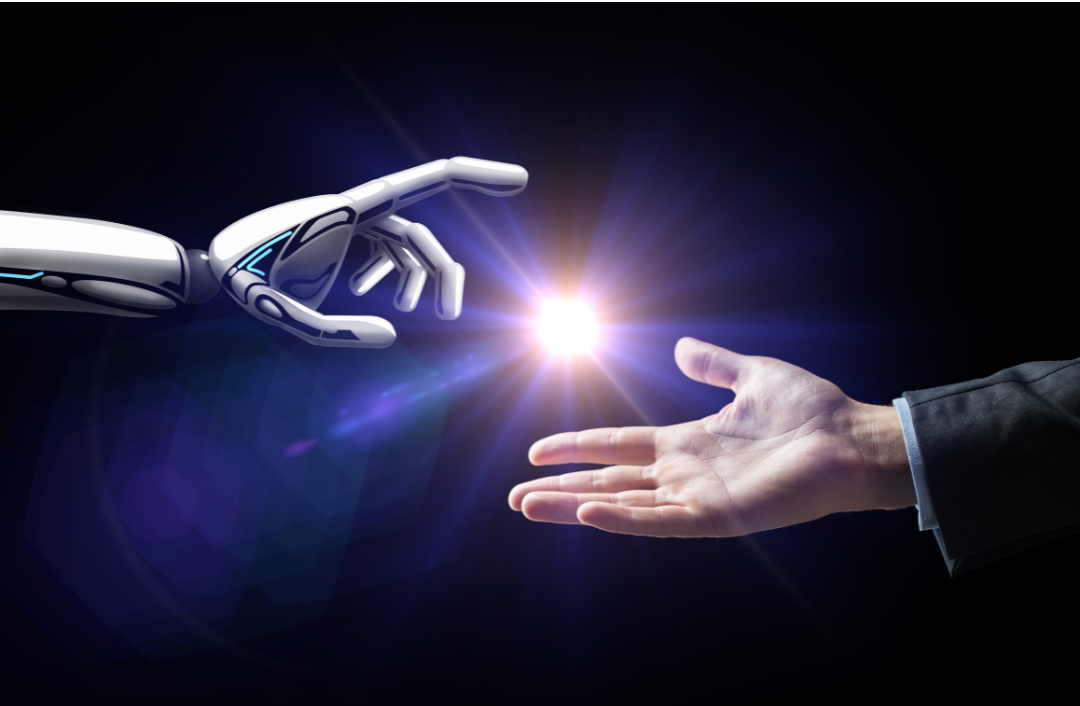 Futuristic concept of a robotic hand reaching out to a human hand, symbolizing collaboration between technology and humanity with a bright light at the center.
